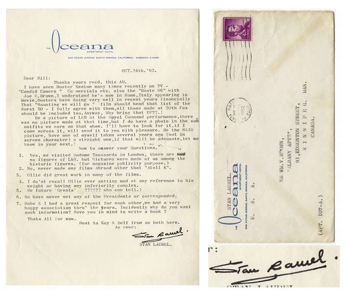 Stan Laurel Letter Signed With His Full Signature ''Stan Laurel'' -- ''...I do'nt recall Ollie ever getting mad at any reference to his weight or having any inferiority complex...''